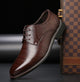 Men's pointed-toe lace-up dress shoes with a low heel