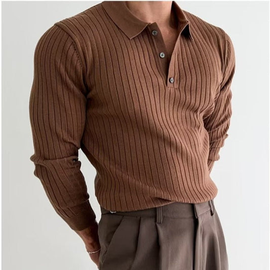 Men's ribbed long-sleeve polo sweater with collared neckline and button placket