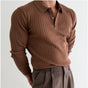 Men's ribbed long-sleeve polo sweater with collared neckline and button placket