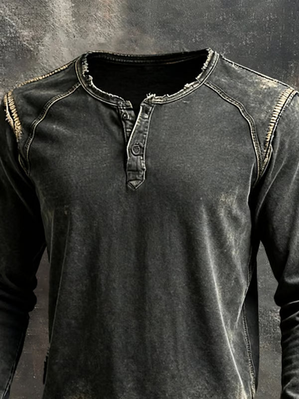 Men's black distressed Henley sweater with long sleeves and frayed edges