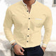 Men's lavender long sleeve grandad collar shirt with white contrast cuff and chest pocket trim