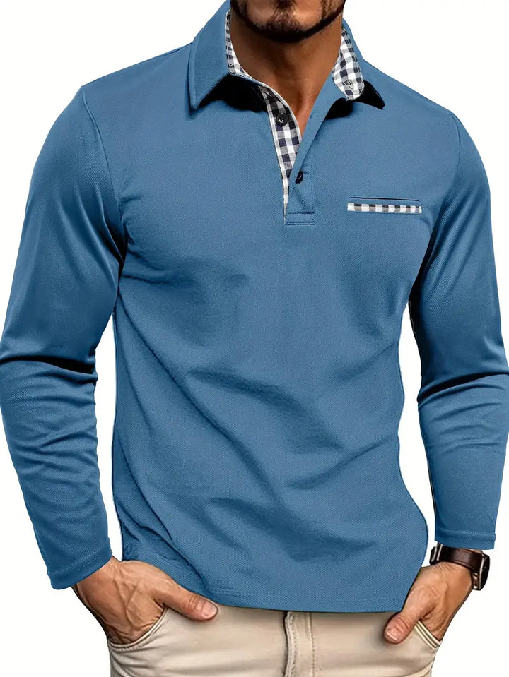Men's Long Sleeve Polo Shirt, Slim Fit Check Detail Smart Casual Polo for Autumn