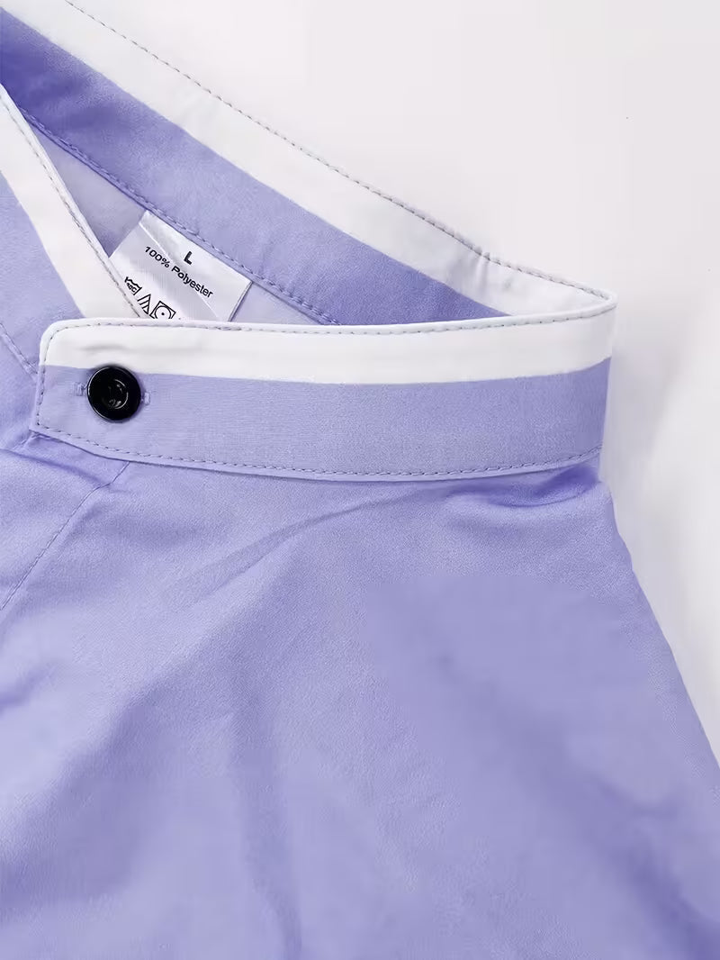 Men's purple grandad collar shirt with white contrast cuff trim and chest pocket