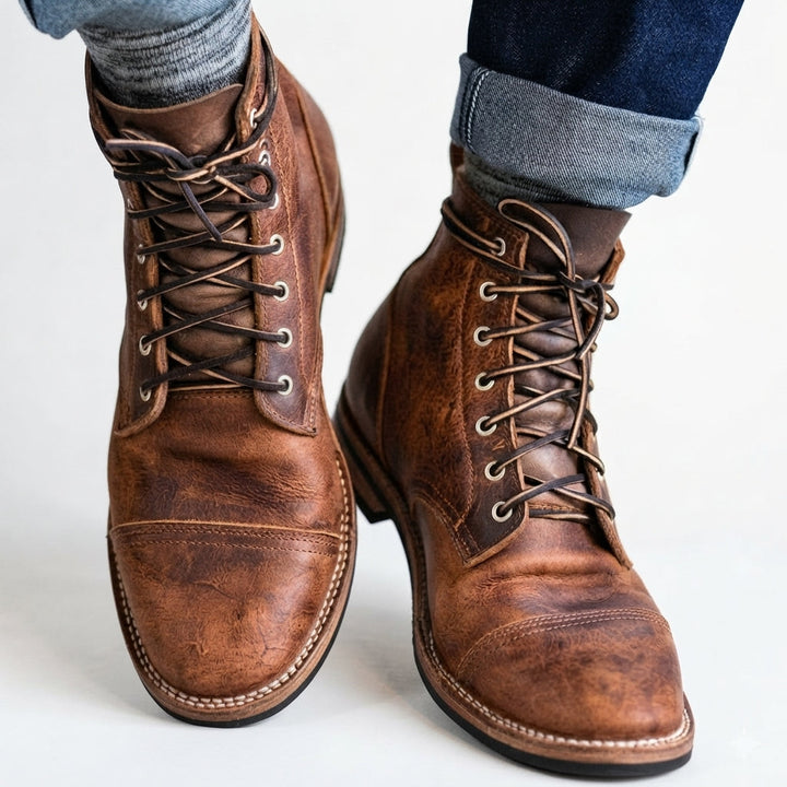 Men's textured vintage lace-up ankle boots with rounded toes and low heels