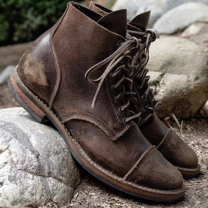 Men's textured vintage lace-up ankle boots with rounded toes and low heels