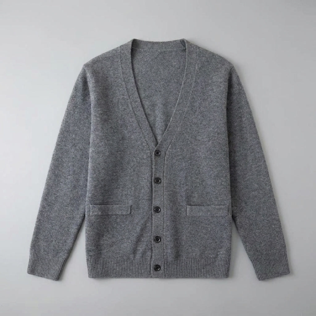 Men's V-neck button cardigan with long sleeves, ribbed trims and front pockets