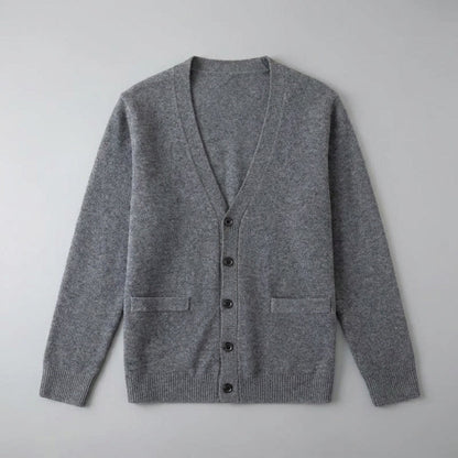 Men's V-neck button cardigan with long sleeves, ribbed trims and front pockets