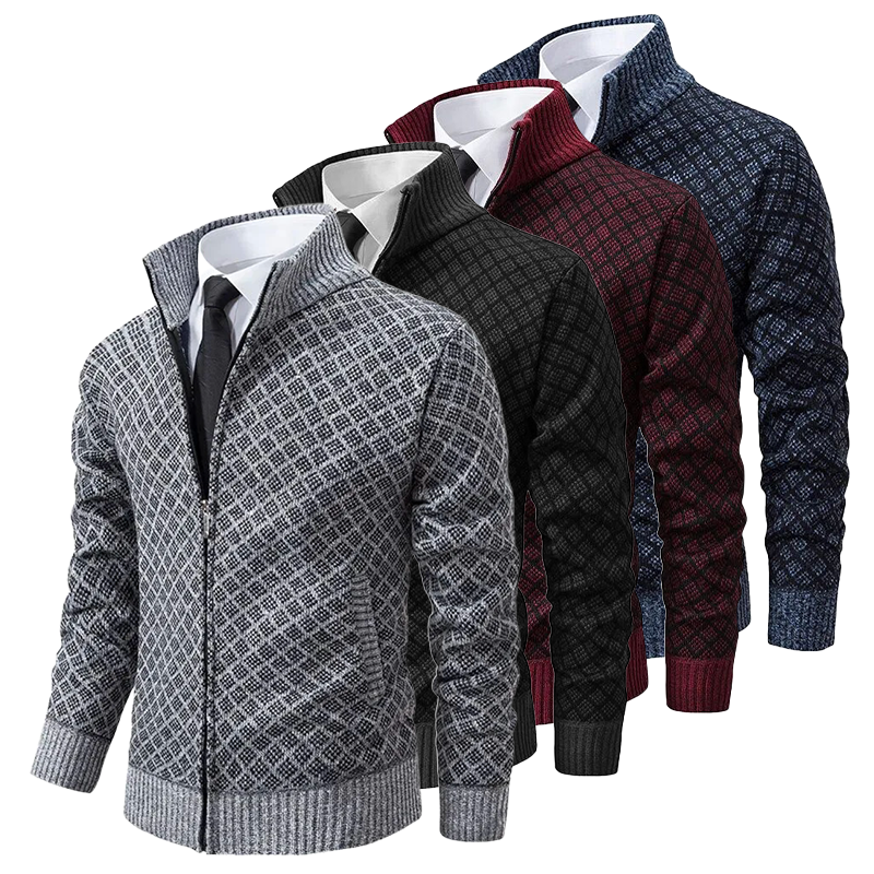 Men's geometric patterned zip-up sweater with mock neck and ribbed trims