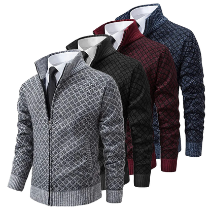 Men's geometric patterned zip-up sweater with mock neck and ribbed trims