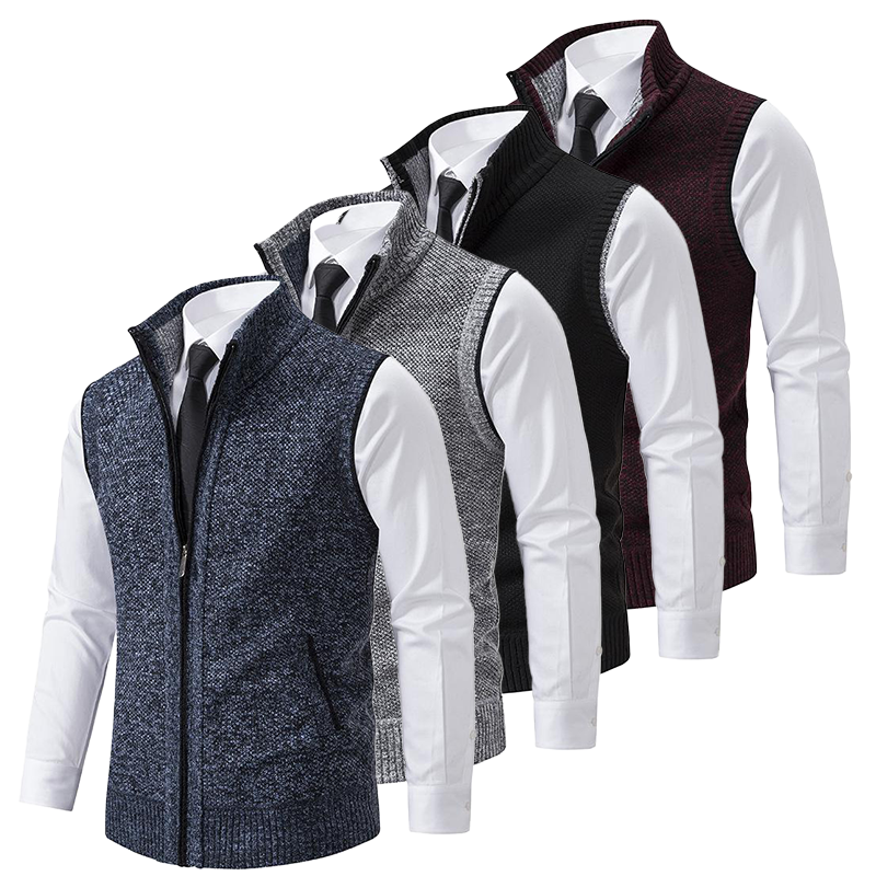 Men's sleeveless textured gilet with stand collar, front zip and angled pockets
