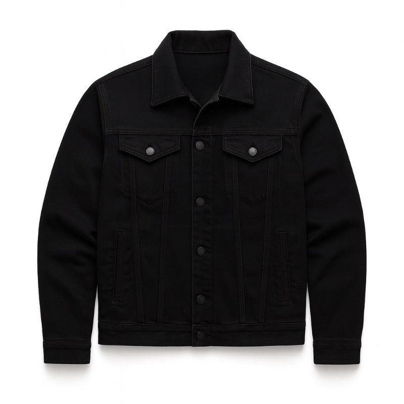 Unisex denim jacket with point collar, button front and utility pockets