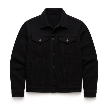 Unisex denim jacket with point collar, button front and utility pockets