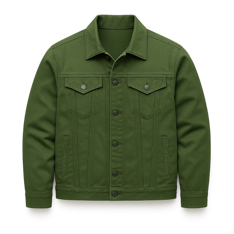 Unisex denim jacket with point collar, button front and utility pockets