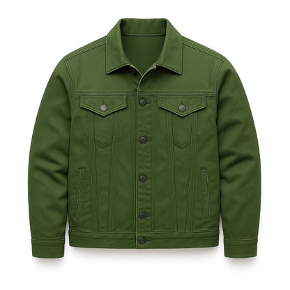 Unisex denim jacket with point collar, button front and utility pockets