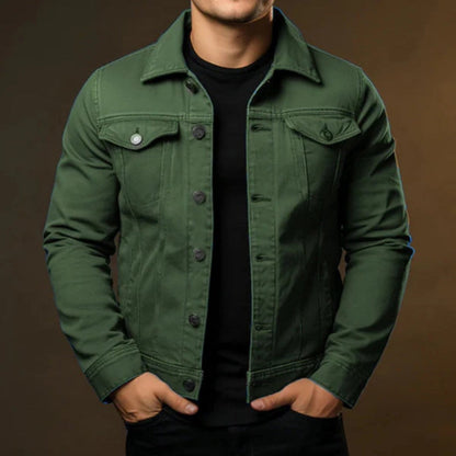 Unisex denim jacket with point collar, button front and utility pockets
