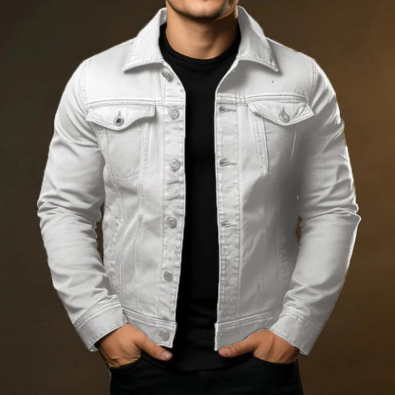 Unisex denim jacket with point collar, button front and utility pockets