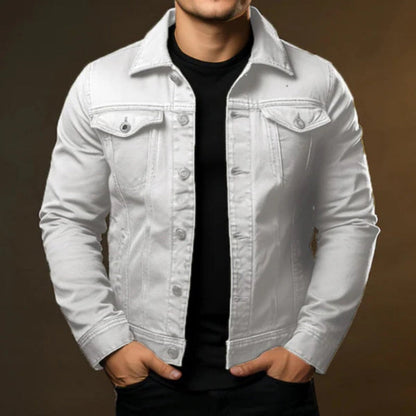 Unisex denim jacket with point collar, button front and utility pockets