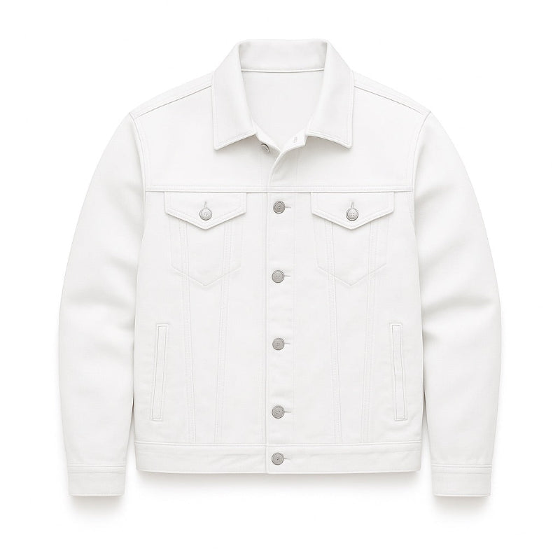 Unisex denim jacket with point collar, button front and utility pockets