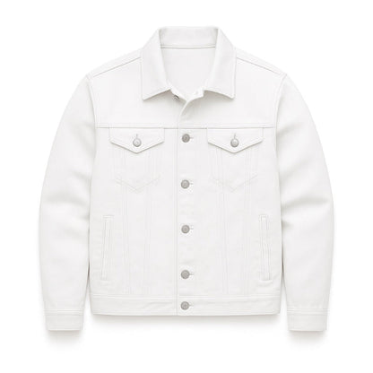 Unisex denim jacket with point collar, button front and utility pockets
