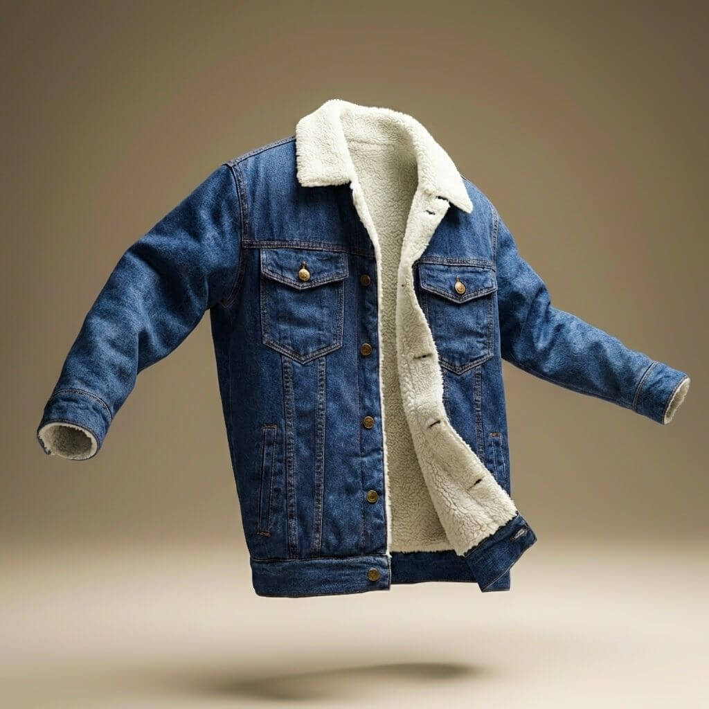 Men's jean-style jacket with contrasting shearling lining, turn-down collar and button front