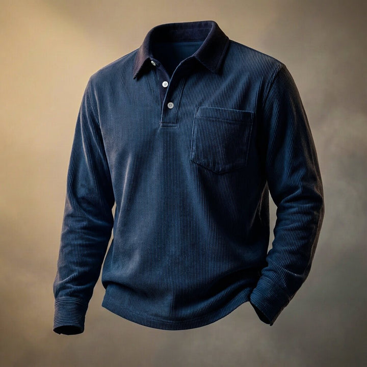 Men's long-sleeve corduroy polo shirt with point collar and chest pocket