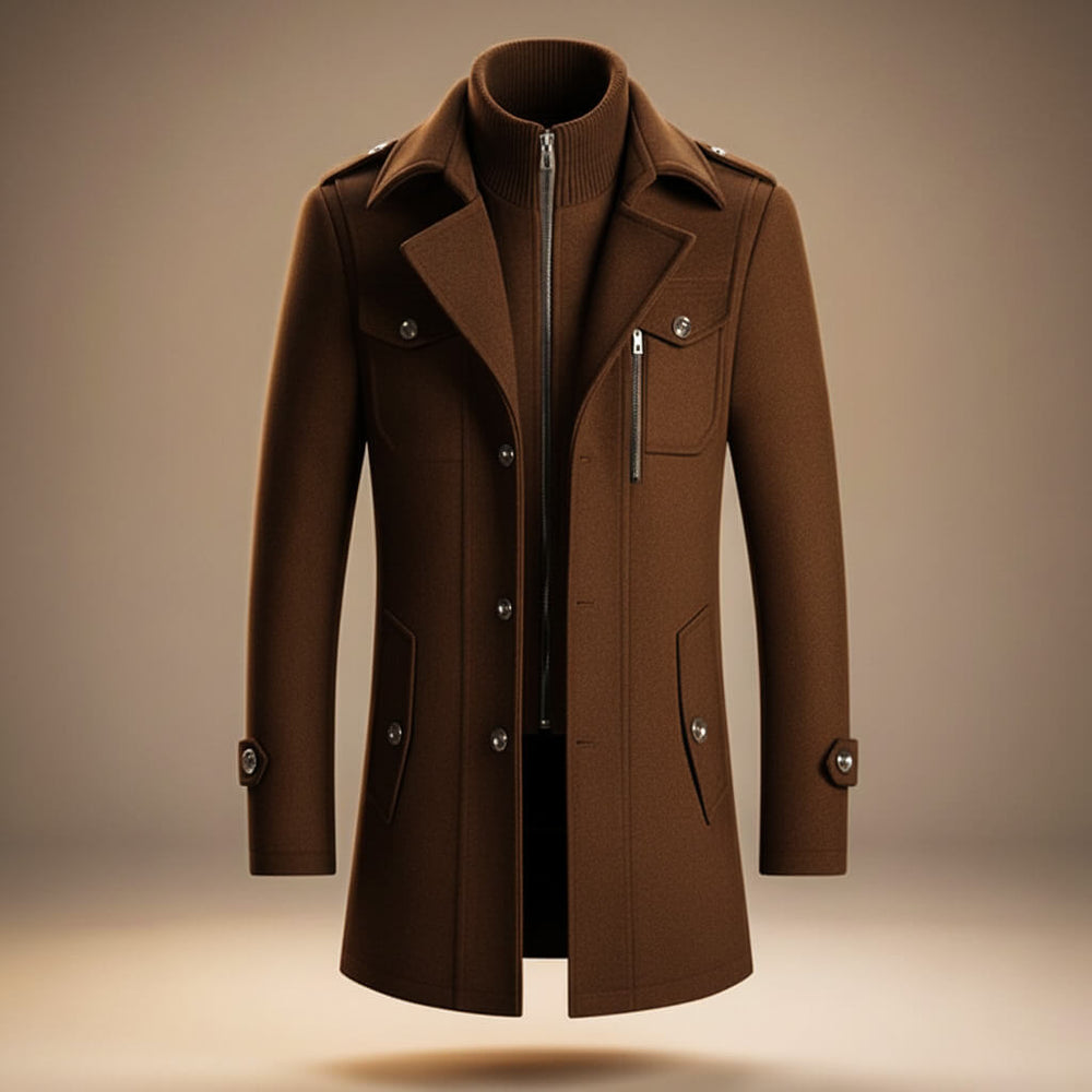 Structured long coat with high collar, lapels, button front and multiple pockets