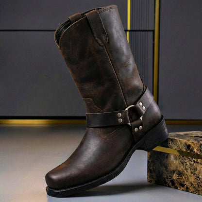 Tall biker boots with buckle straps, side zip and low block heel