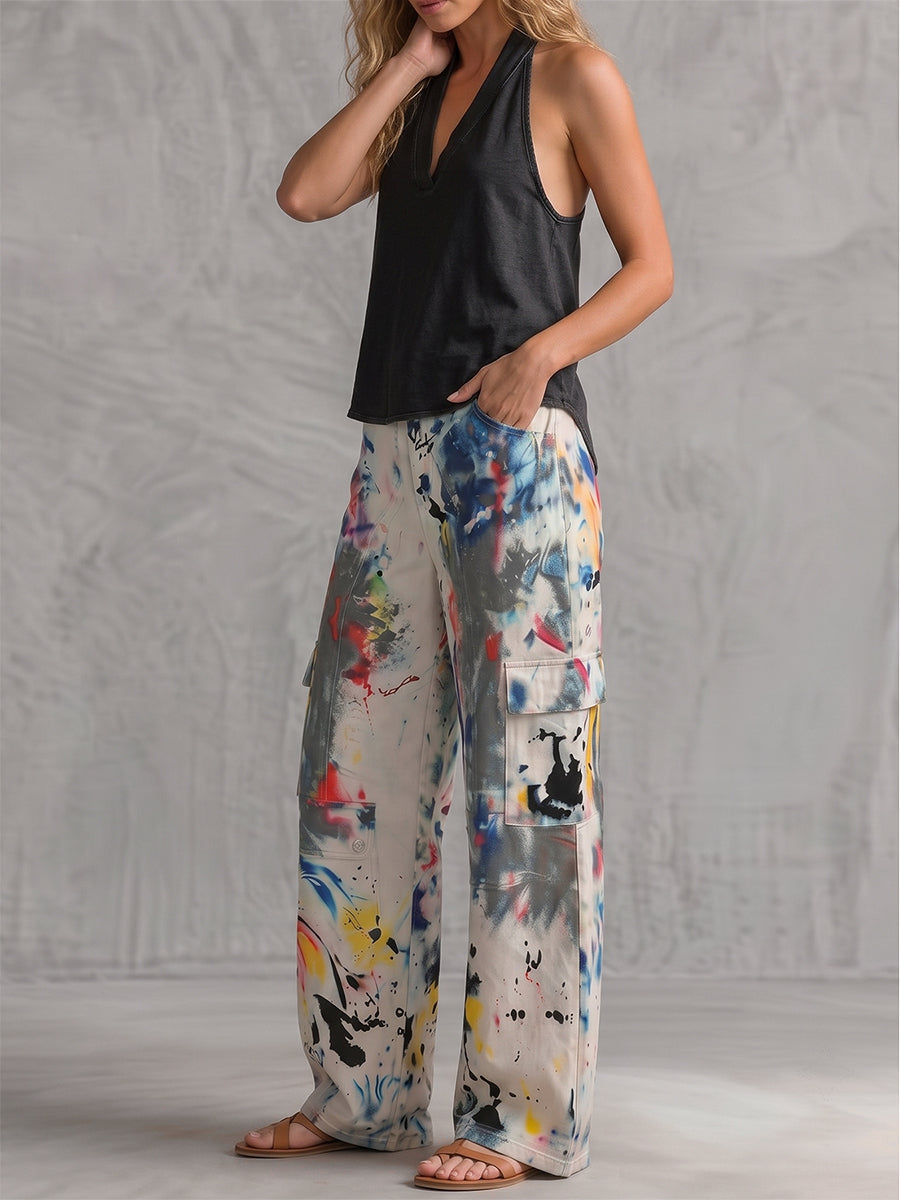 Women's high waisted wide leg jean with graffiti print in light grey