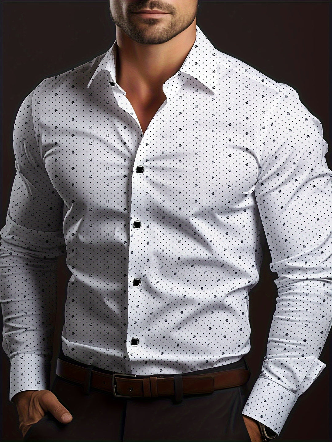 Men's Slim Fit Shirt, Long Sleeve Micro-Print Smart Casual Button-Up Summer Shirt