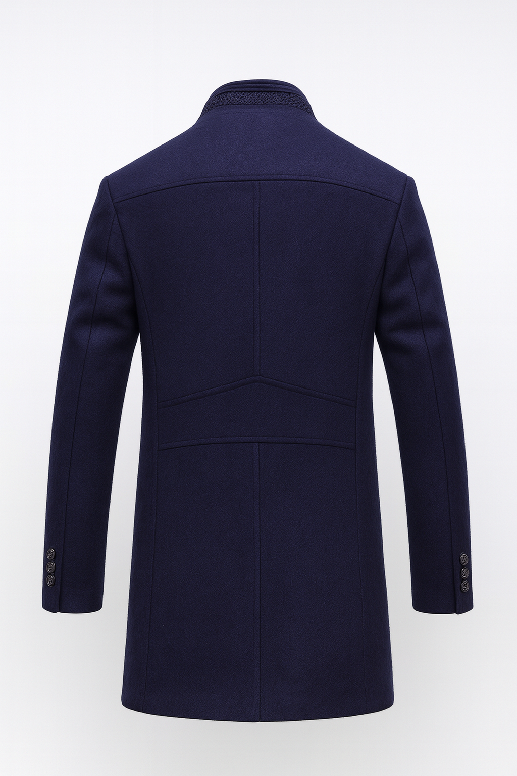 Men's structured overcoat with stand collar, button front, contrast trim and quilted lining