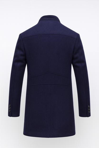 Men's structured overcoat with stand collar, button front, contrast trim and quilted lining