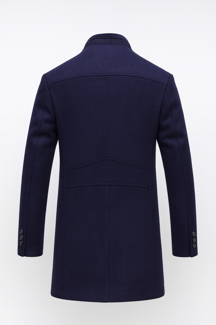 Men's structured overcoat with stand collar, button front, contrast trim and quilted lining