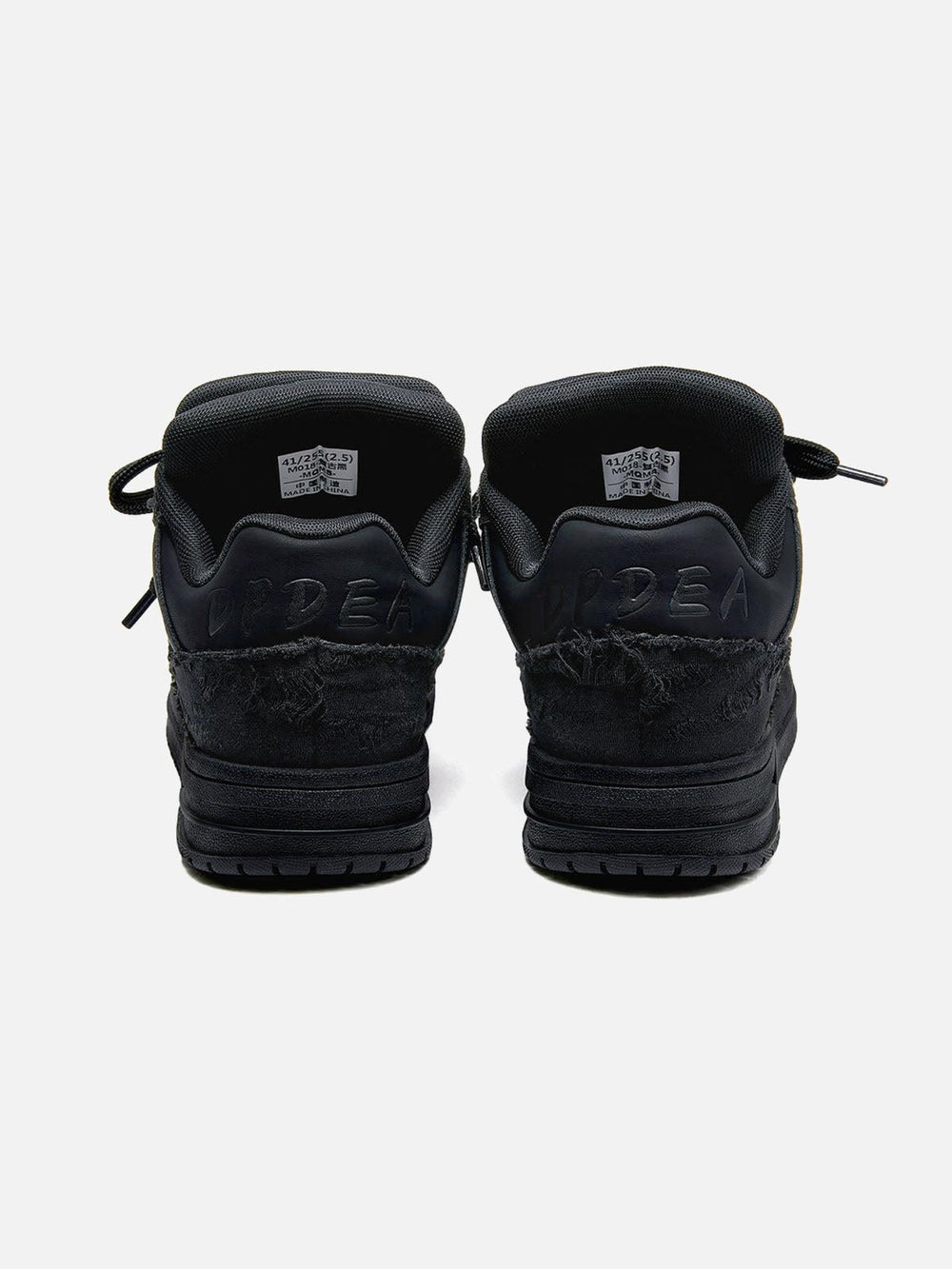 Black high-top sneakers with laces, camouflage side detail and rubber soles