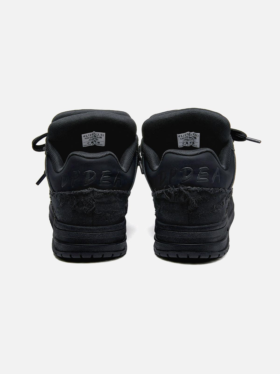 Black high-top sneakers with laces, camouflage side detail and rubber soles