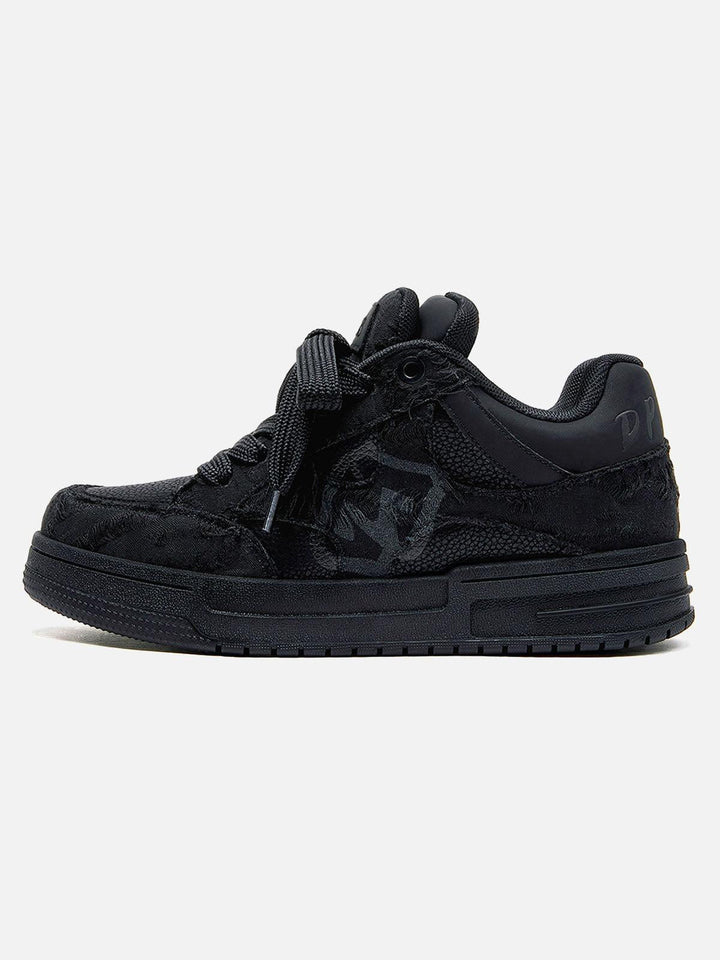 Black high-top sneakers with laces, camouflage side detail and rubber soles