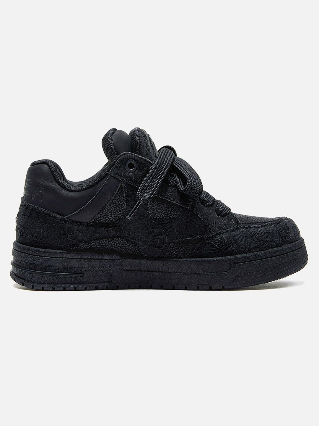 Black high-top sneakers with laces, camouflage side detail and rubber soles