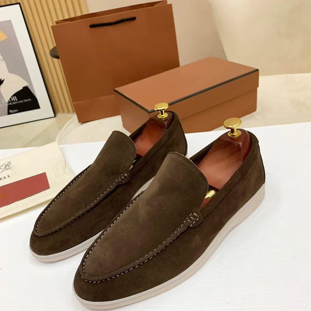 Men's low profile moc toe loafers with slip-on design and flat soles