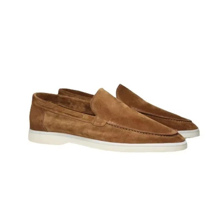 Men's suede-style yacht loafers with light soles