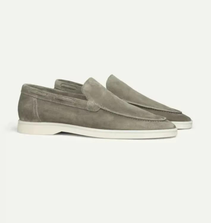 Men's suede-style yacht loafers with light soles
