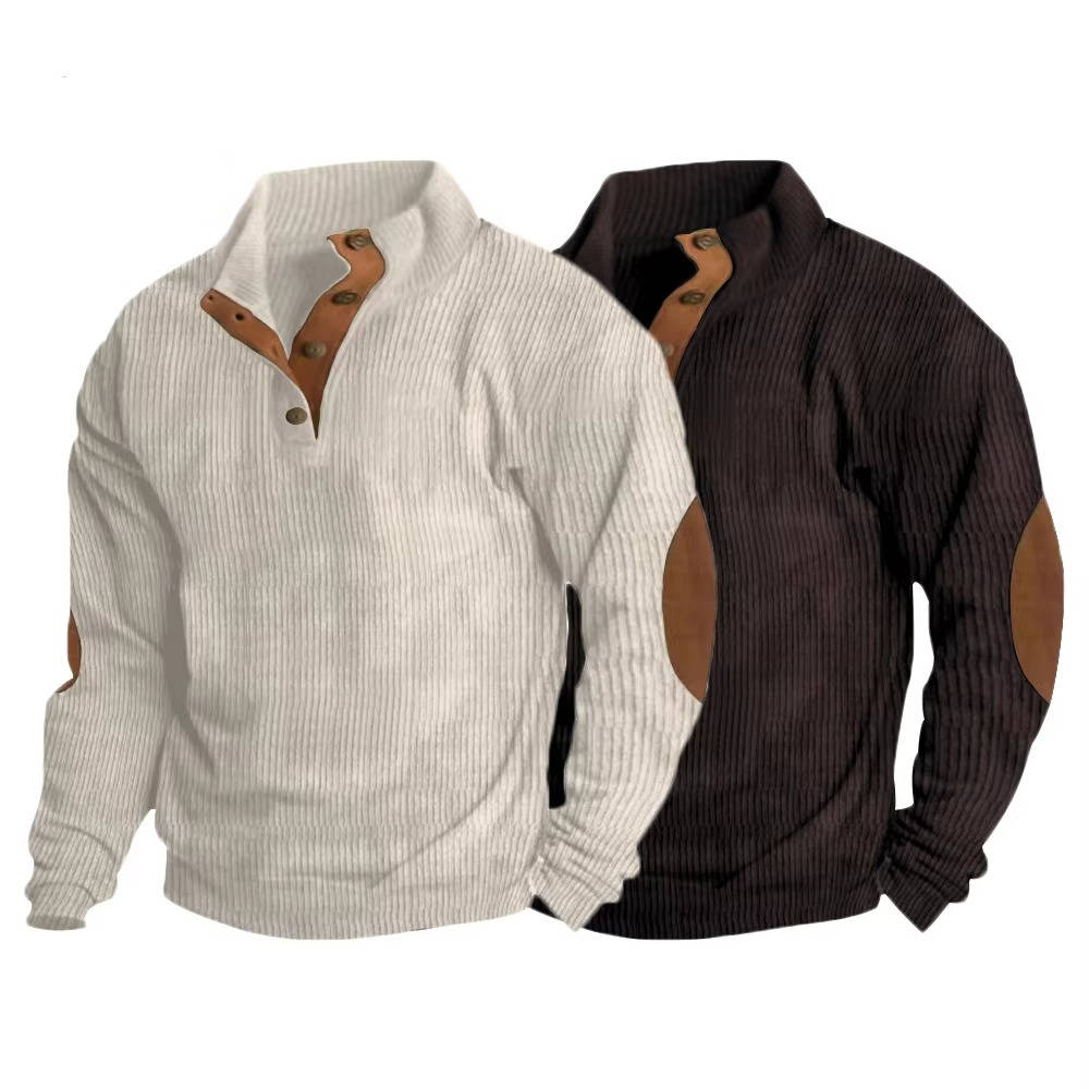 Men's ribbed button-neck jumper with contrasting elbow patches