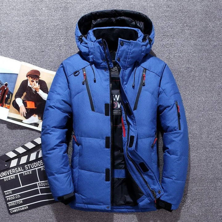 Men's quilted hooded winter parka with multiple zip pockets