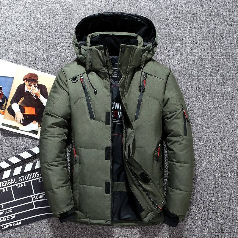 Men's quilted hooded winter parka with multiple zip pockets