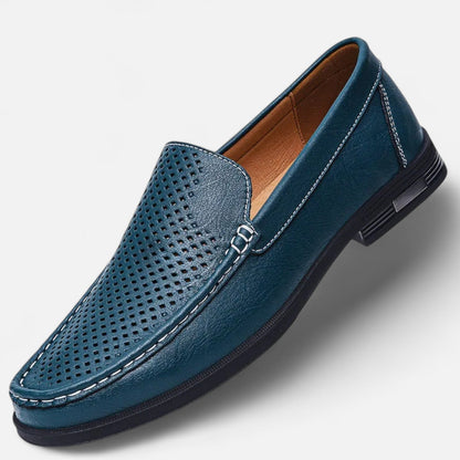 Men's perforated slip-on loafer with moc toe stitching and low heel