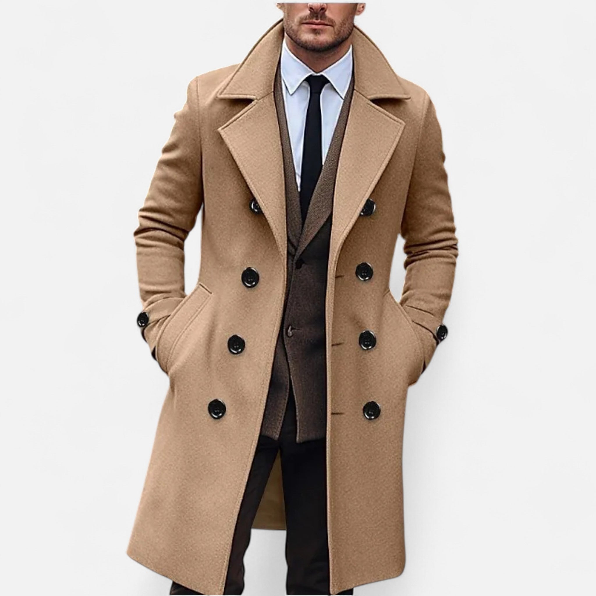 Men's long double-breasted overcoat with notched lapels and button details