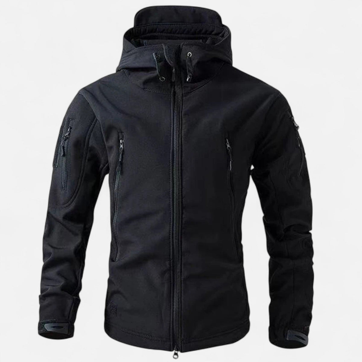 Men's hooded softshell jacket with long sleeves, zipped pockets and full zip front