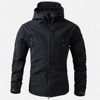 Men's hooded softshell jacket with long sleeves, zipped pockets and full zip front