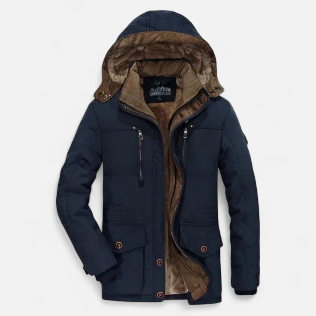 Men's padded hooded parka jacket with utility pockets and zip fastening