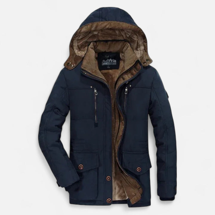 Men's padded hooded parka jacket with utility pockets and zip fastening