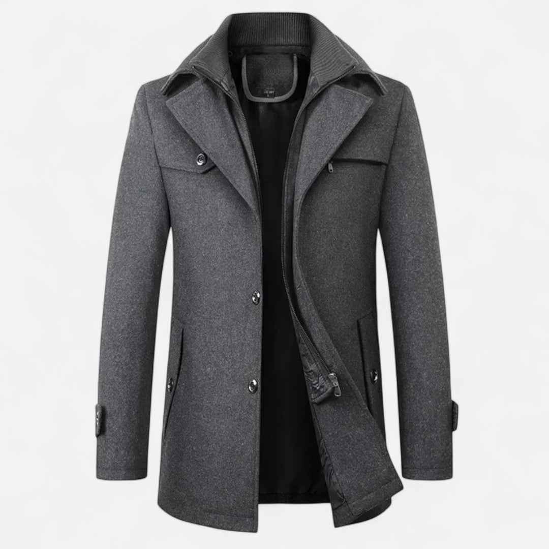 Men's mid-length coat with stand collar, double fastening and pockets