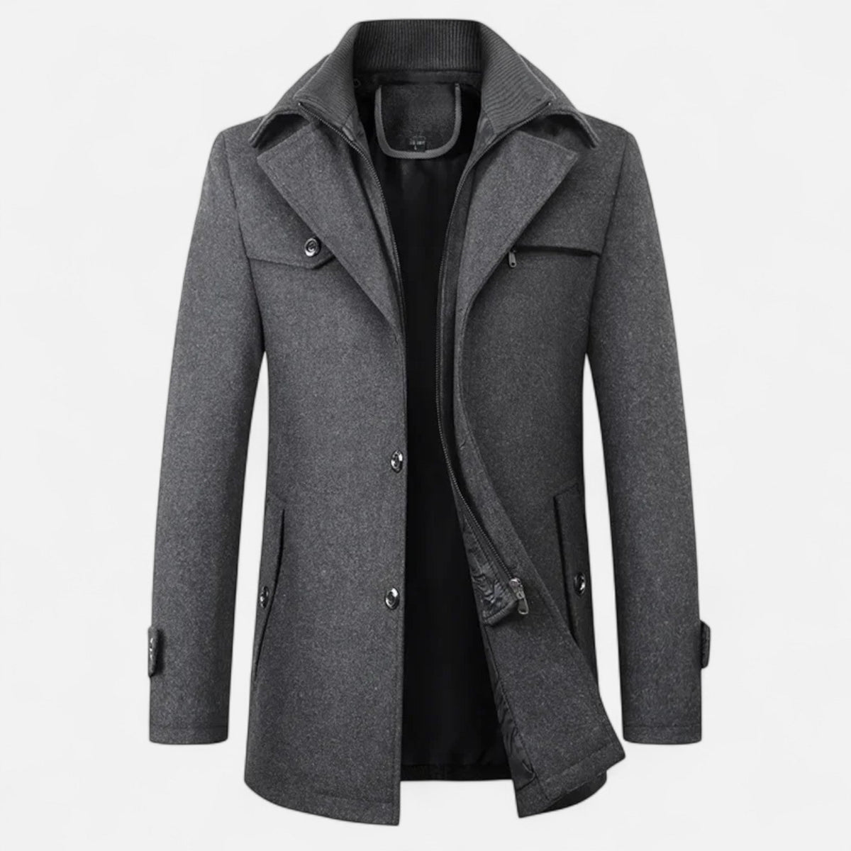 Men's mid-length coat with stand collar, double fastening and pockets